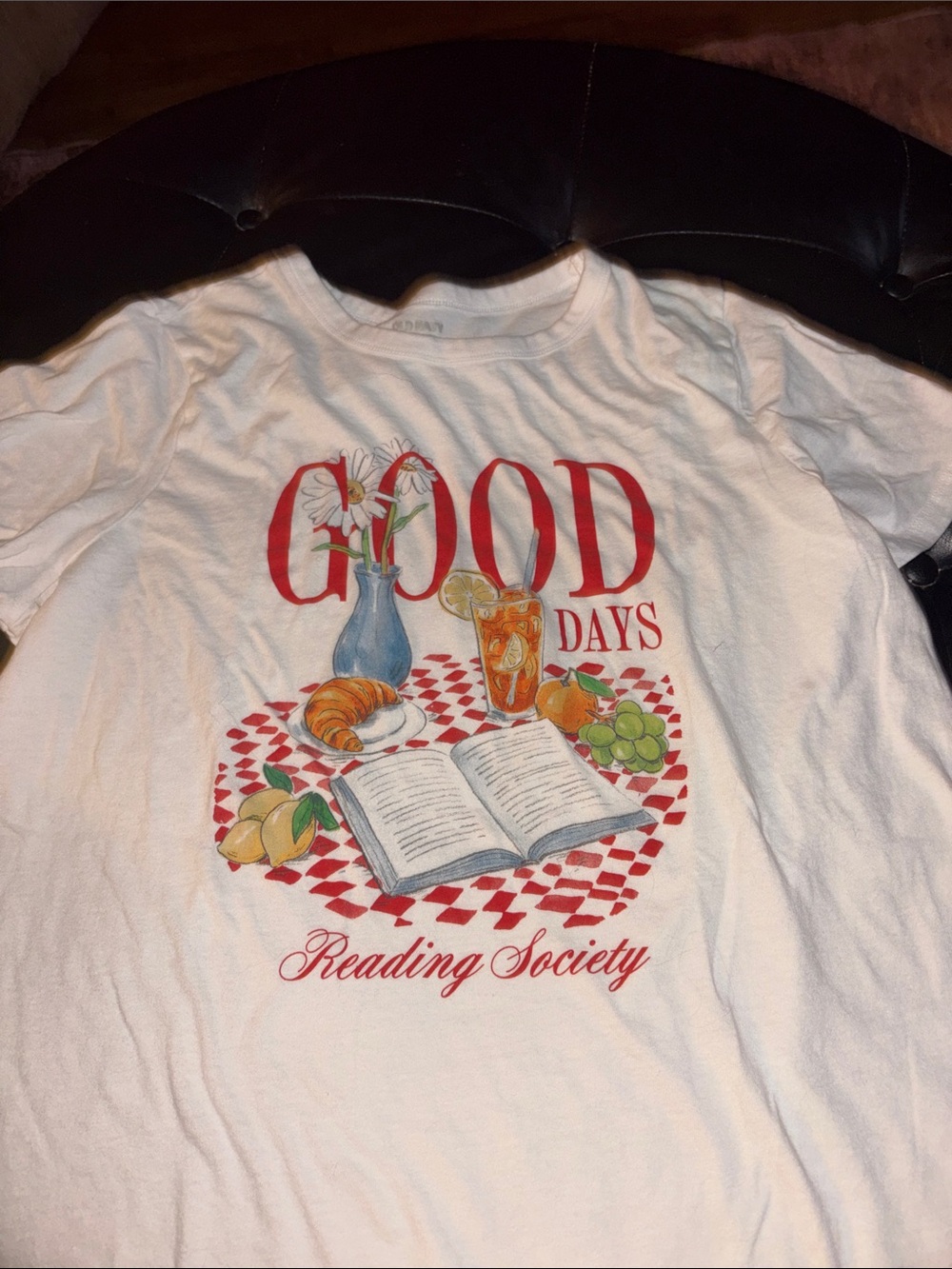 Old Navy White Short Sleeve Tee with Red "Good Days" Reading Graphic